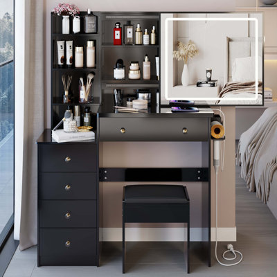 37" Middle Size Left Bedside Cabinet Vanity Table   Cushioned Stool Dresser Set, 2 AC 2 USB Socket, Hair Dryer Stand, Large Touch Control LED Sliding Mirror, 3-Color Switch