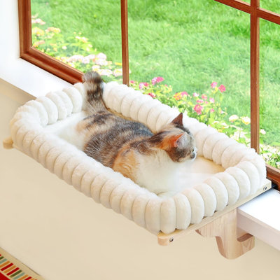 Hamac orthopédique pour chat pour rebord de fenêtre - Cadre en bois massif et en métal - Siège de fenêtre pour animaux de compagnie (bois de couleur naturelle avec lit blanc, moyen)