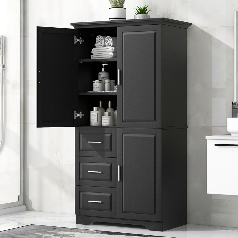 Armoire de rangement haute et large avec portes pour salle de bain / bureau, trois tiroirs, noir, Noir