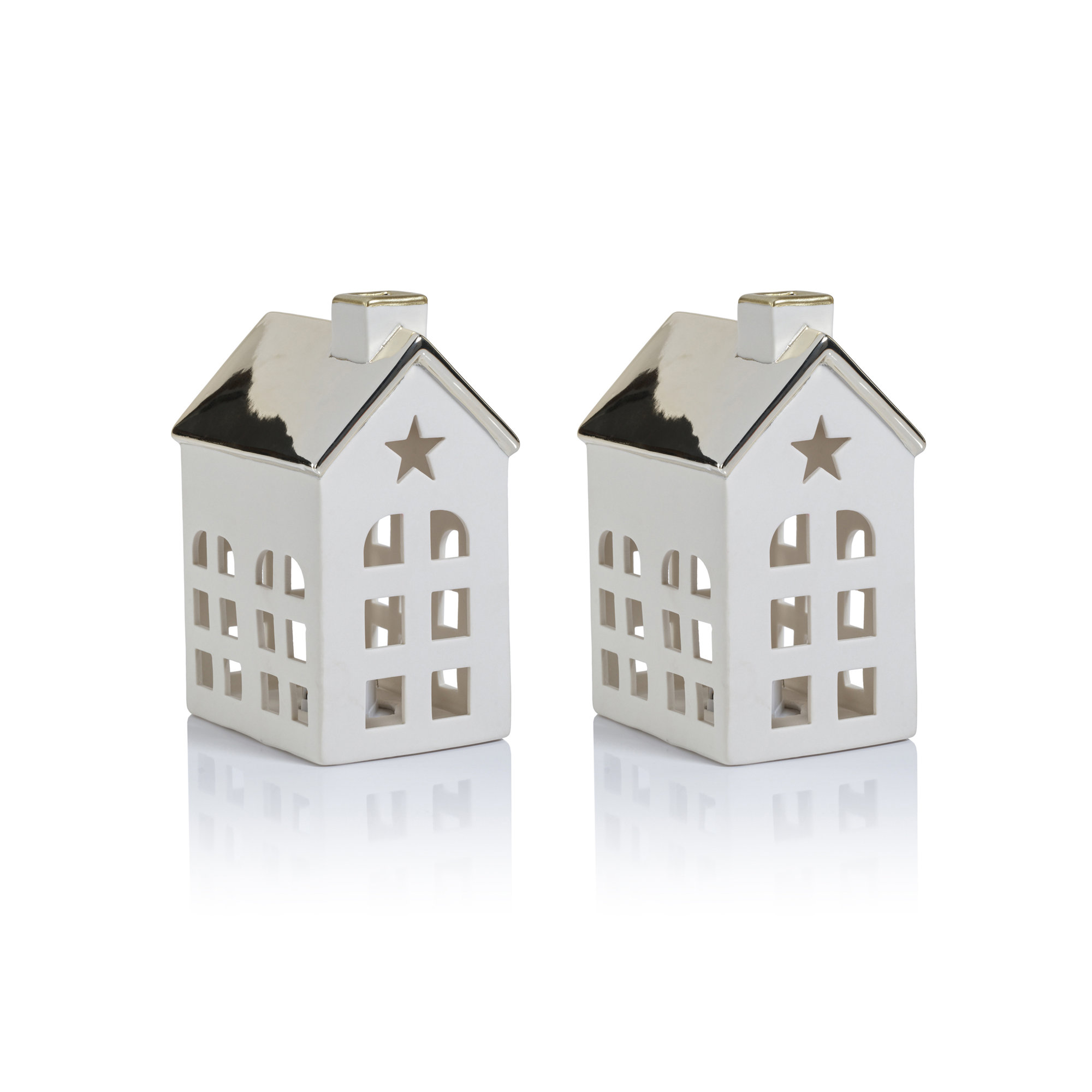 Lilou 2-Piece Set Porcelain LED House with Roof, Gold/White, 5.5" H x 4" W x 3" D