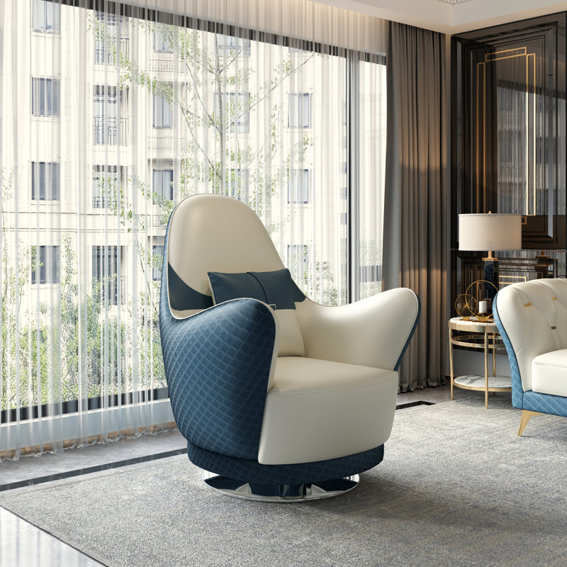 Amalia Swivel Club Chair, White/Blue Genuine Leather