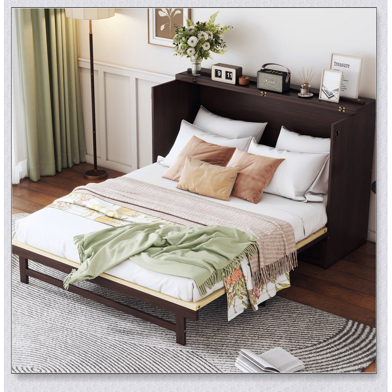 Grand lit escamotable avec tiroir de rangement et de décoration en rotin, armoire en bois de pin espresso peu encombrante et élégante