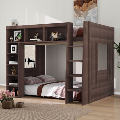 Queen Size Loft Bed With Storage Cabinets And Shelves, Bookshelf, Wooden Loft Bed Frame With Full-Length Guardrail And Ladder