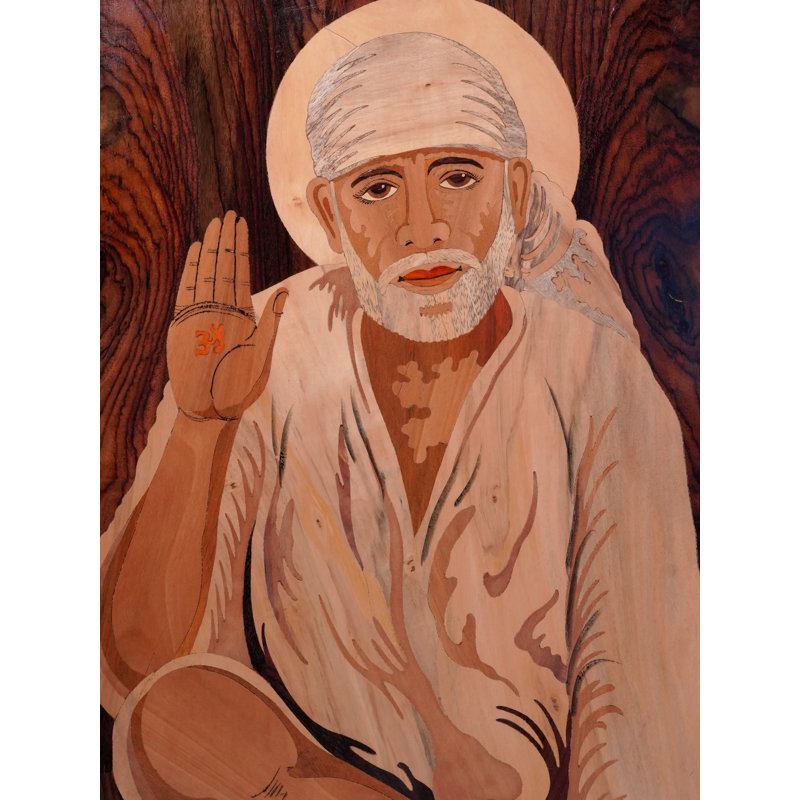19" Blessing Sai Baba Wall Panel – Handcrafted Mysore Rosewood Inlay Art, Spiritual Indian Décor, Natural Finish
