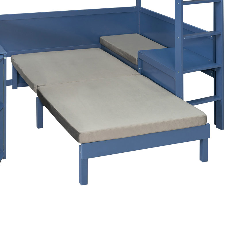 Lit mezzanine double en bois avec bureau, tablette de rangement de chevet, canapé et lumière, bleu marine