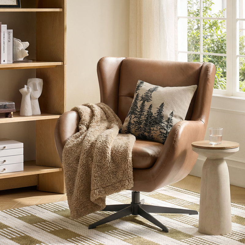 Arcana 29.5"W Modern Faux Leather Swivel Arm Chair with Wing Back, Camel