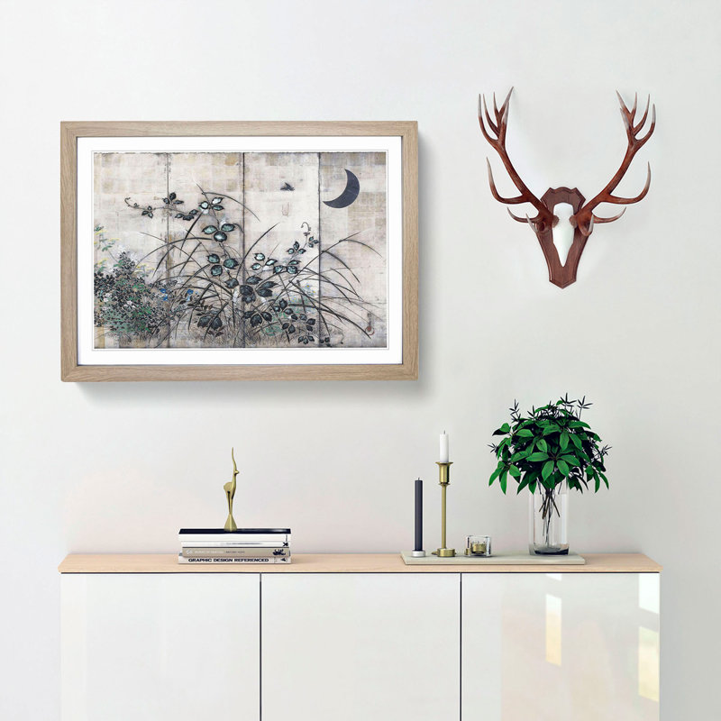 Moon & Autumn Grasses by Sakai Hoitsu - Picture Frame Painting Print, Oak Framed, 48cm H x 65cm W x 2cm D