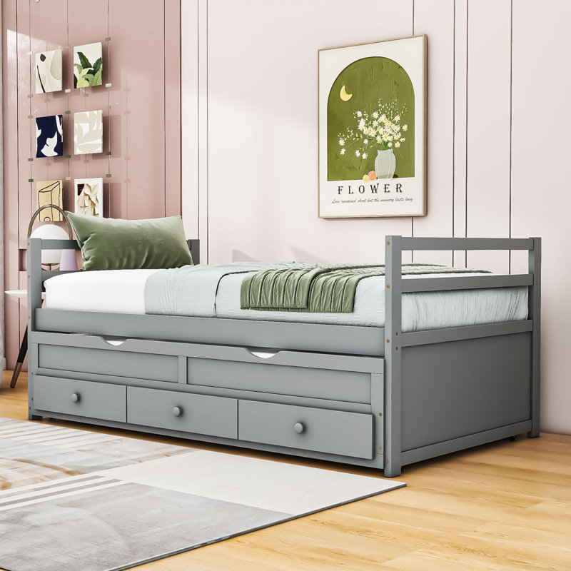 Lit simple en bois à trois tiroirs avec lit gigogne Alamea, gris