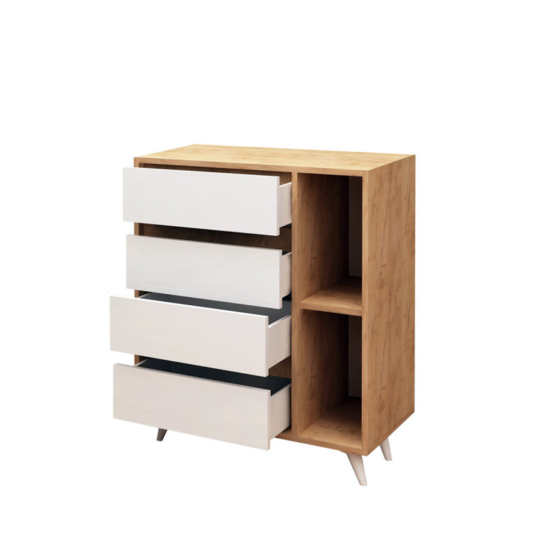 Modern Scandinavian Dresser, Oak & White, 27.6 x 33.9 x 15.7 inches | 100% Melamine Coated Particle Board, Thickness: 0.7 inches | 2 Drawers & Numerous Shelves | Wall-Mountable Design, Perfect for Stylish Storage Solutions
