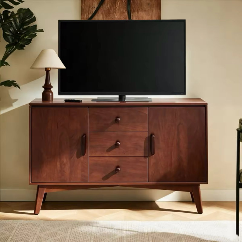  Armoire moderne 47 po, meuble télé avec pieds en bois massif et 2 portes, 3 tiroirs pour la cuisine, le salon et la salle à manger