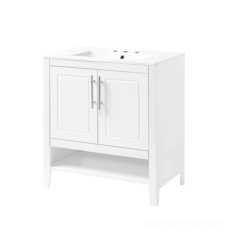 Meuble-lavabo, armoire de salle de bain avec portes et tablette de rangement ouverte