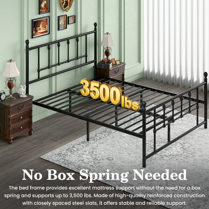 Queen 14 Inch Victorian Vintage Metal Platform Bed Frame, Headboard Footboard, Underbed Storage, Black - No Box Spring Needed