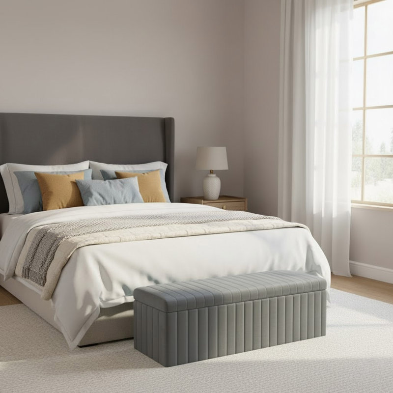 Lux Striped Wide Velvet Rectangle Solid Color Standard Ottoman Box with Storage, 40 cm H x 120 cm W x 42 cm D, Steel Grey