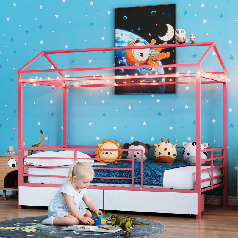 Lit pour maison rose, lit superposé simple avec toit et garde-corps, chambre à coucher avec cadre en métal, lit à hauteur basse, aucun sommier tapissier requis