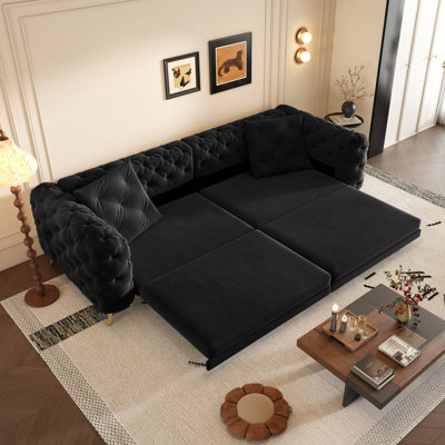 97.7" 31 Convertible Sleeper , 28.4" Deep Seat Pull Out Bed, Button Modern 4 Couch With Movable For Apartment, Office, Bedroom, Black - Comfortable Support Sponge And Velvet Sleeper, Seat, 4 Seater