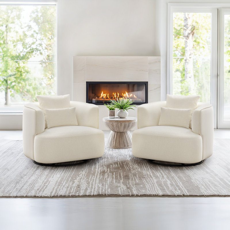 32.3" W Upholstered Swivel Barrel Chair, Beige Chenille