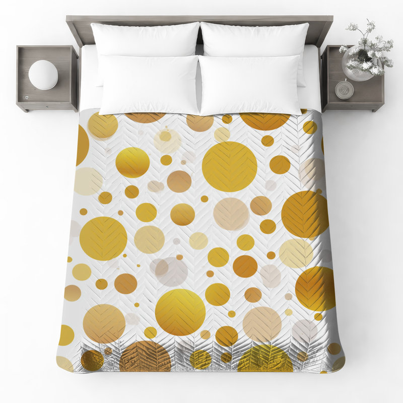 Gold White Circles Quilted Bedspread All Sizes, King