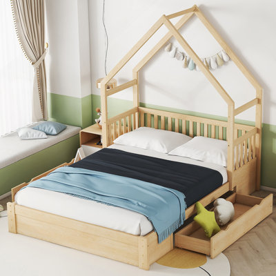  Lit plateforme House avec garde-corps et 2 tiroirs