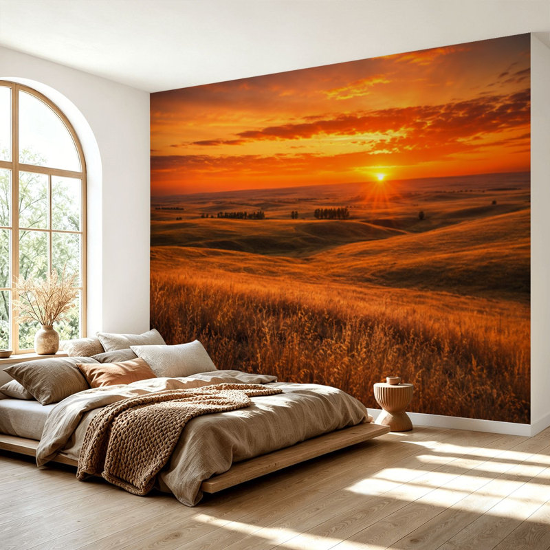 Papier peint adhésif autocollant orange brillant coucher de soleil Kansas Hills, 69"H x 96"W