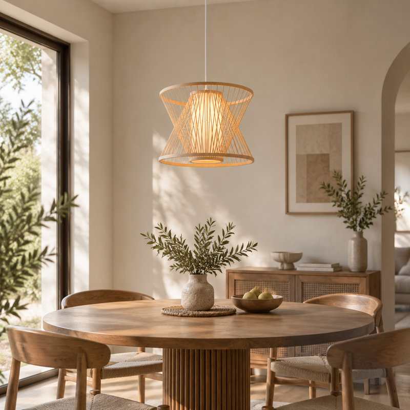 Luminaire suspendu en bambou tissé à la main réglable à double couche naturelle pour le salon