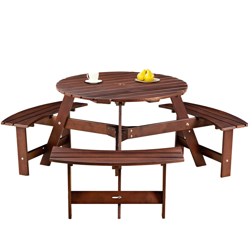Outdoor 6 Person Dining - 3 Built-In Benches Umbrella Hole Waterproof Brown Furniture Picnic Table With Hole, Weather , For Patio