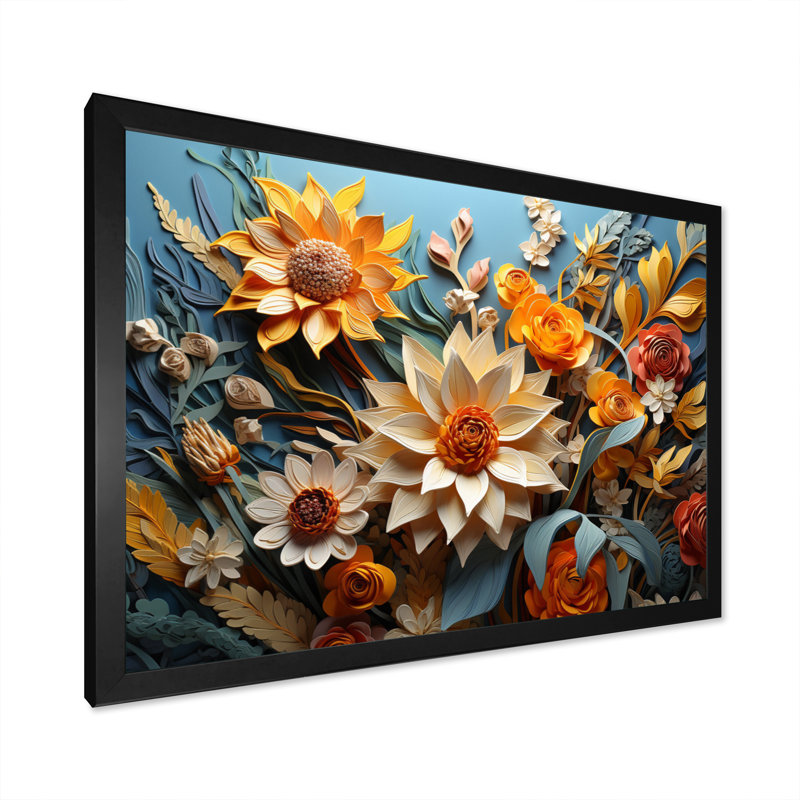 Tournesol jaune, bleu, tournesol, symphonie, H 24 po x l 32 po x P 1 po, Cadre simple noir