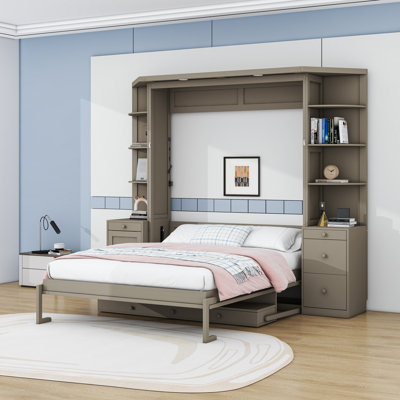Grand lit escamotable en bois avec lumières, tiroirs, tablettes et bureau