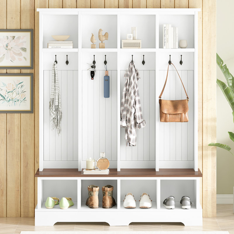 Hall Tree With Bench And Shoe Storage, 76.7"H Modern 3-In-1 Coat And Shoe Rack, White