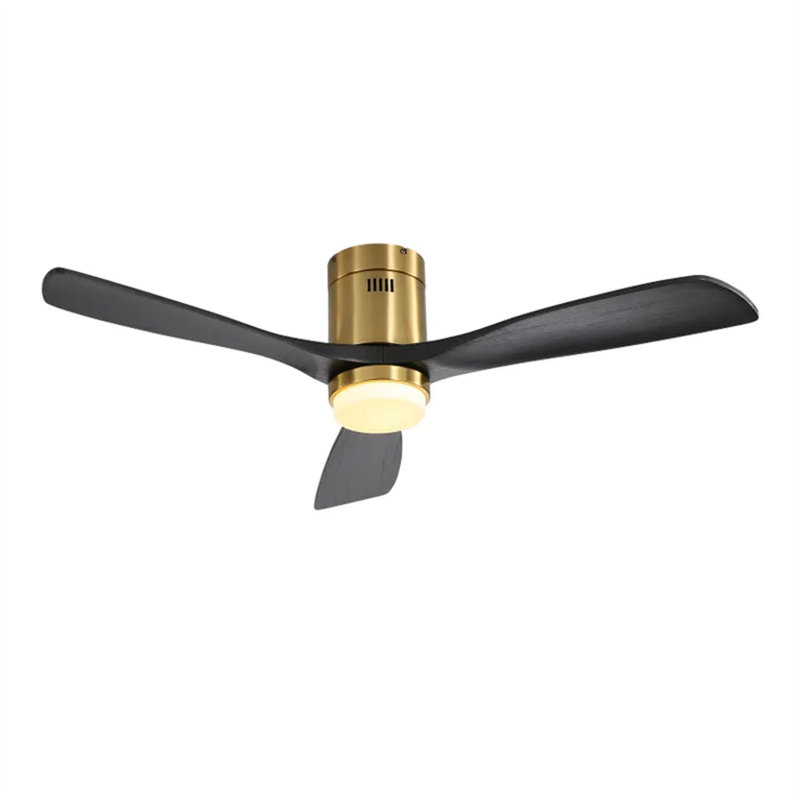 52 Inch Flush Mount Ceiling Fan With 3 Solid Wood Blades Remote Control Reversible DC Motor For Living Room, Gold, Black
