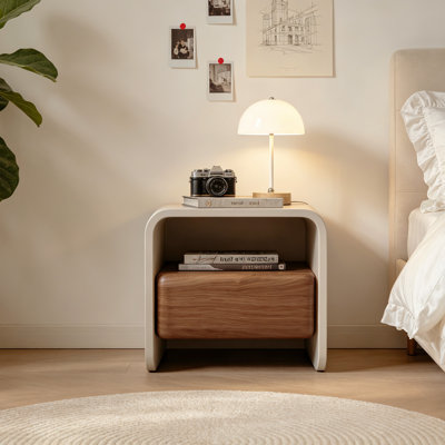 White Lacquer Nightstand with Walnut Veneer and Solid Pine Drawer, No Assembly Required, Modern Bedside Table with Open Storage Shelf for Bedroom