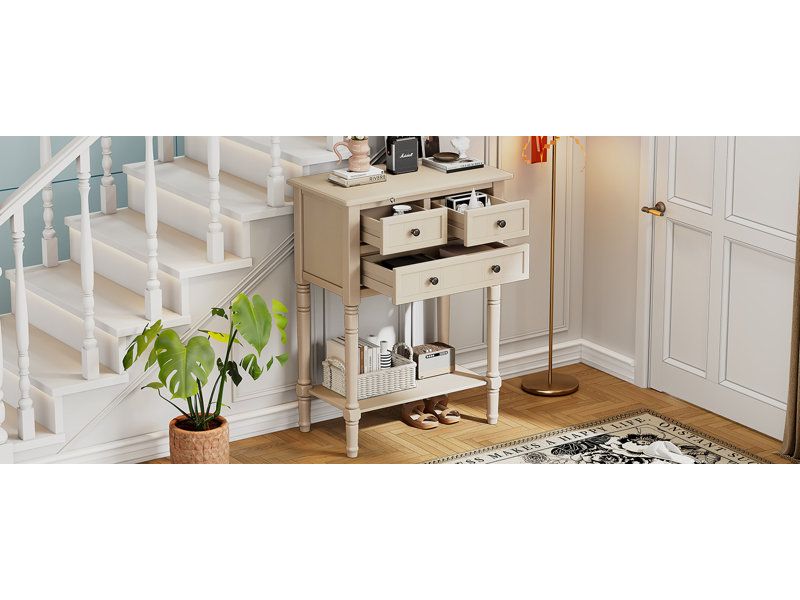 Console étroite, canapé mince avec trois tiroirs de rangement et tablette inférieure