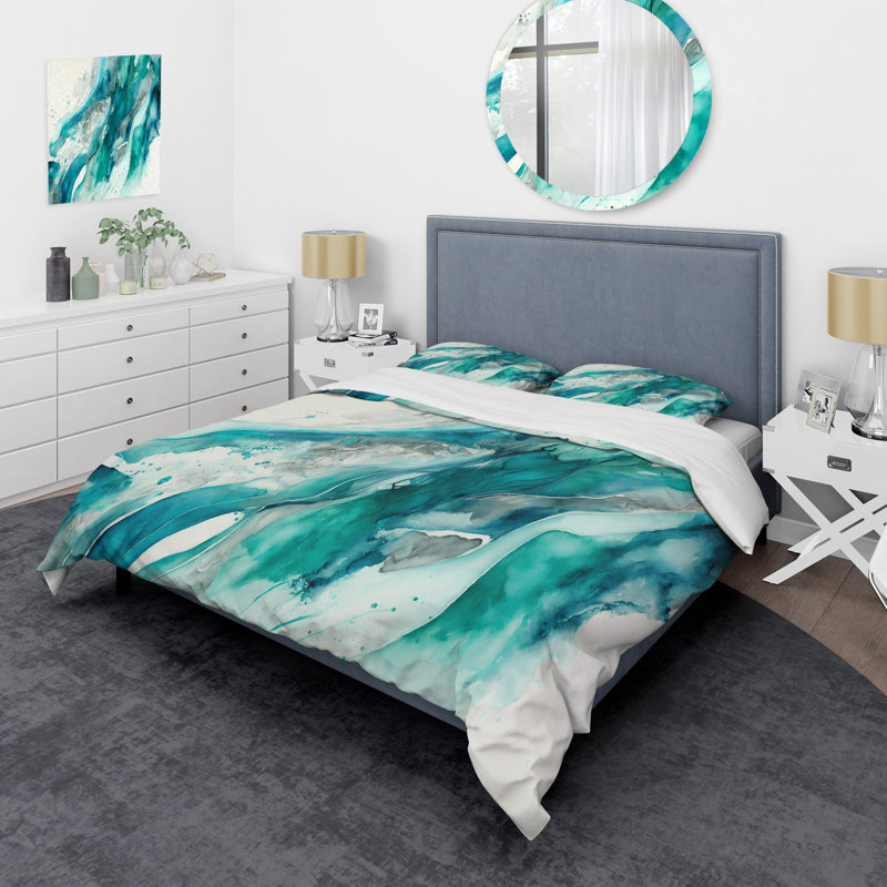 Turquoise Waves In Paradise I - Ensemble de housse de couette à motif abstrait - Microfibre de polyester