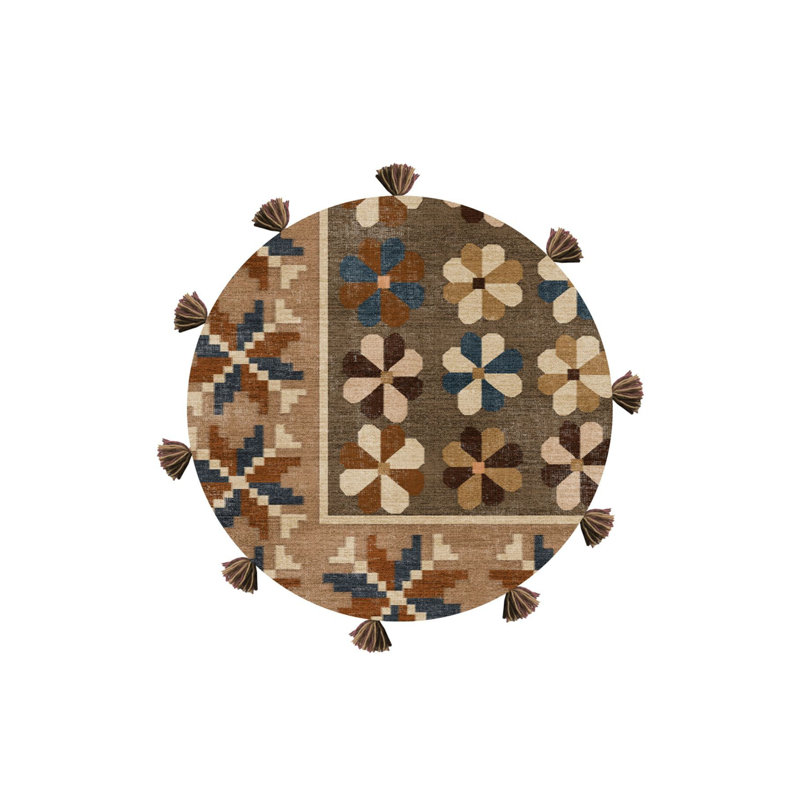 Tapis décoratif rond multicolore à motif tissé beige multicolore