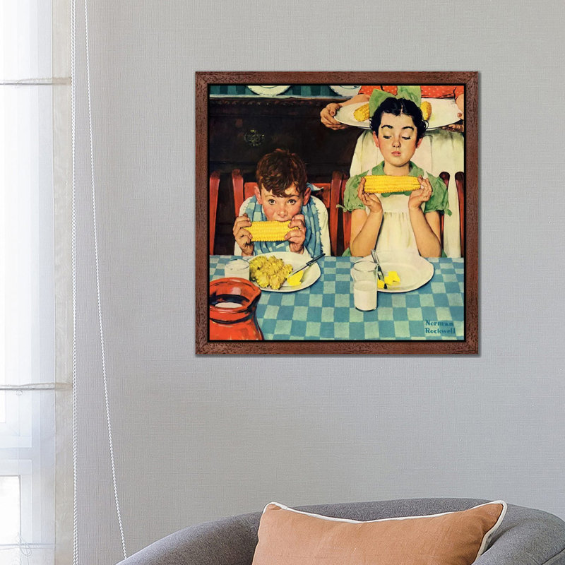 Who's Having More Fun Kids Eating Corn by Norman Rockwell - Painting on Canvas, 45.72 cm H x 45.72 cm W, Brown Framed