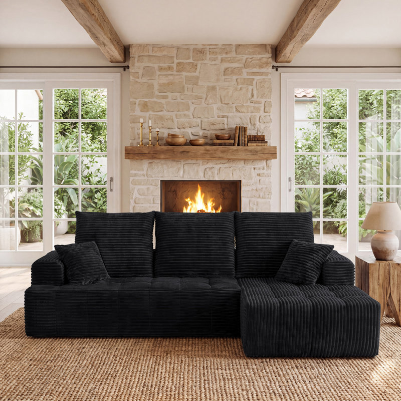 Canapé d'angle modulaire compressé en forme de L de 277 cm (109 po) de large avec méridienne, canapé 2 pièces en velours côtelé avec ressorts ensachés et assise profonde pour salon, aucun assemblage requis, noir