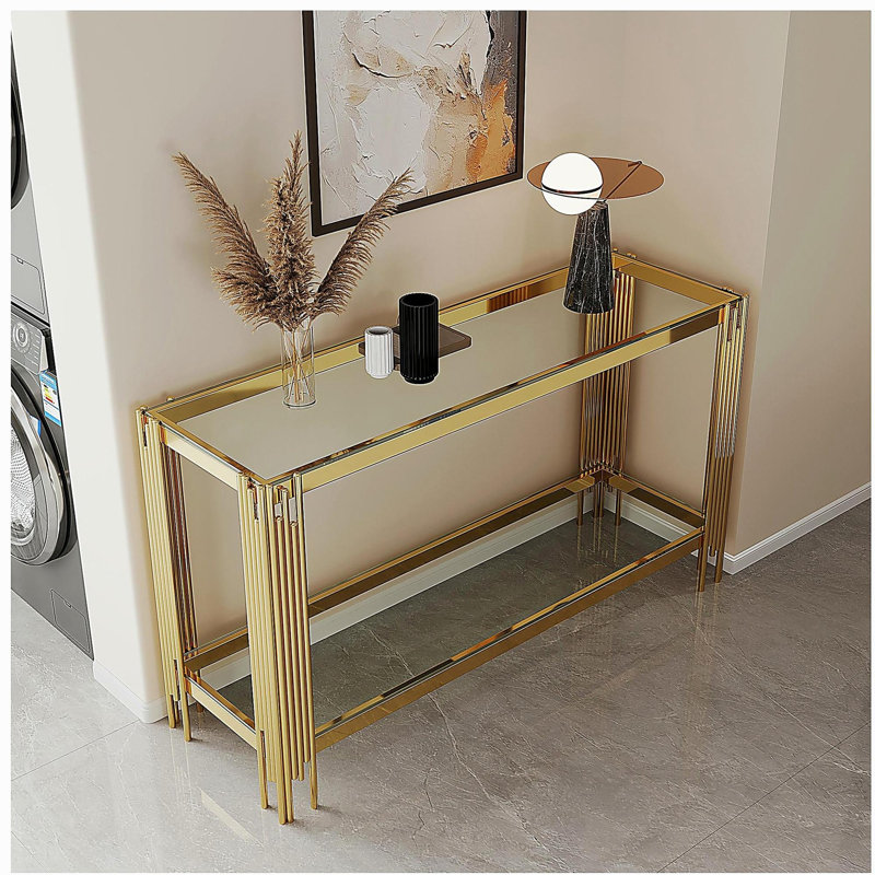 Comptoir en verre trempé à double couche et structure en acier inoxydable poli miroir, Clair