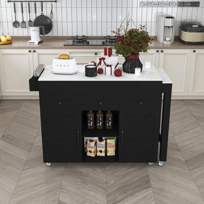 74.8" Kitchen Island with Extendable Dining Table, Marble Veneer Top & Built-in Power Outlet - Mobile Storage Cart with 3 Drawers & Cabinet, Rolling Kitchen Cart for Dining Room, Black