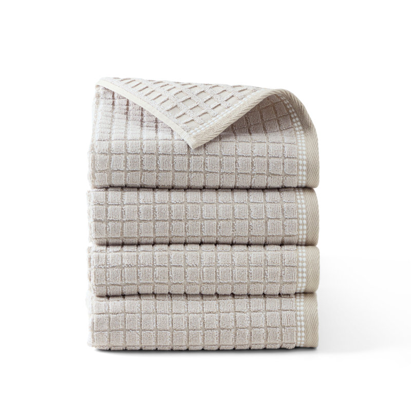 TOWN & COUNTRY EVERYDAY 4-Piece Textured Windowpane Hand Towel Set, 20x30-Inch, 100% Cotton, Beige