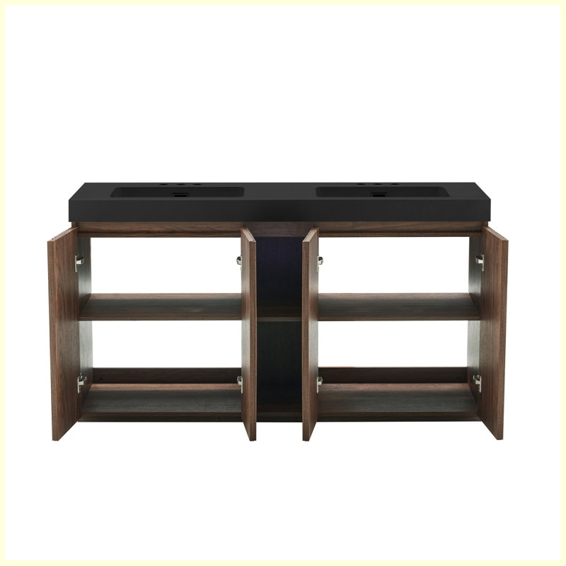 Meuble-lavabo autoportant en noyer de 60 po avec lavabo double 60 po, armoire de salle de bain moderne avec 3 trous de robinet et double cuve noire