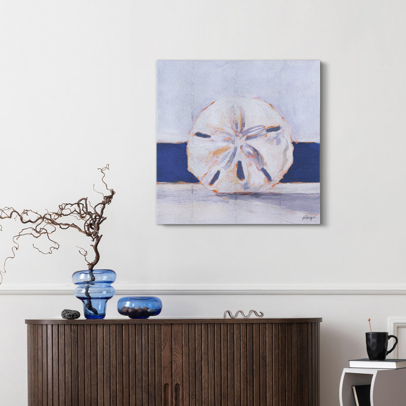 "Coastal Serenity I", dollar de sable rendu sur toile métallique argentée chagrin