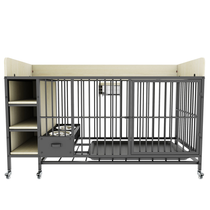 Pet Cage With Roller Wheels - Iron Frame And , Beige + Black Handrail Storage Option Frame,