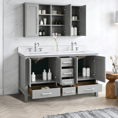 Meuble-lavabo double 60 po avec comptoir en pierre artificielle 60 po