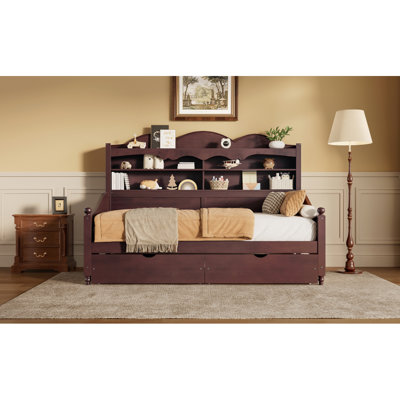 Lit de jour simple avec tiroirs de rangement, lit de jour simple en bois avec tablette de rangement, lit de jour de style rétro pour chambre à coucher, salon, chambre d'amis, aucun sommier nécessaire, assemblage facile, espresso