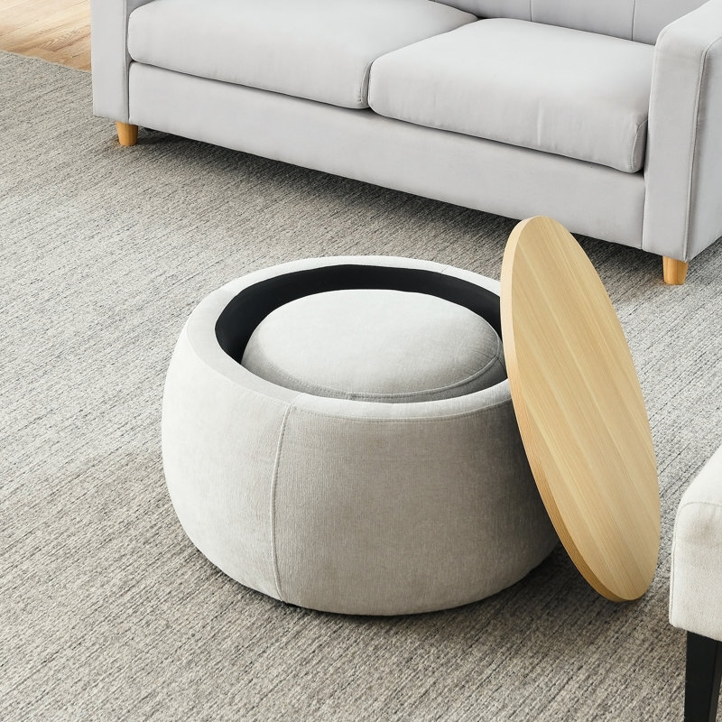 Repose-pieds rond avec rangement, fonction 2 en 1, table de bout et repose-pieds, avec petit siège, gris clair (25 po x 25 po x 14,7 po)