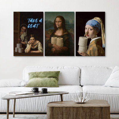 Amusant ensemble d'art mural classique sur toile, impressions encadrées mettant en vedette Mona Lisa, fille avec une boucle d'oreille en perles et plus pour une décoration de salle de bain ou de toilette d'invité excentrique