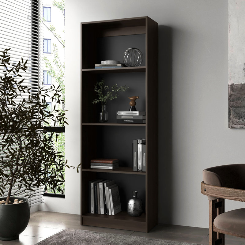 Bibliothèque à 4 tablettes en noyer teinté pour rangement vertical de cartes, rangement pour garde-manger à structure en bois Classic Simplicity