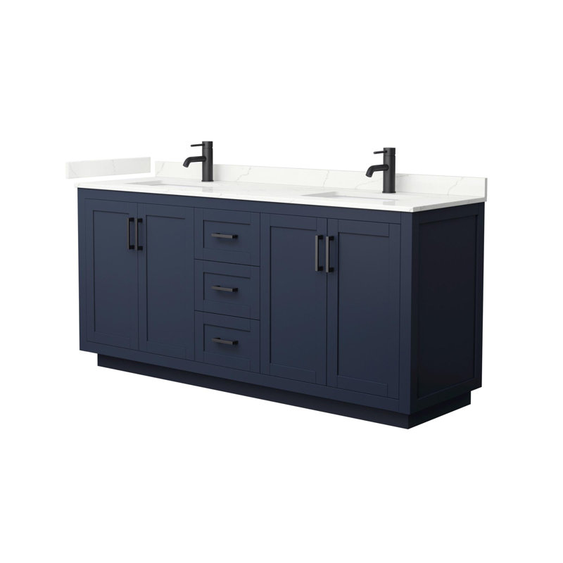 Miranda 72" Freestanding Double Bathroom Vanity with Quartz Top, Dark Blue, Giotto Quartz, Matte Black