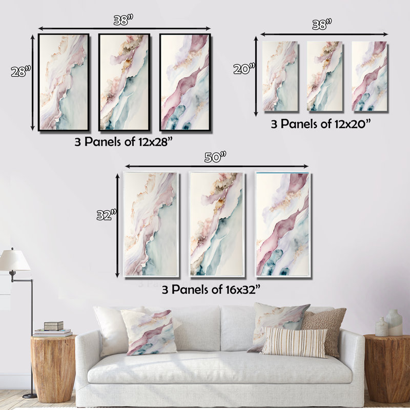 «Mystery Of The Waves In Elevated Blush», 3 pièces sur toile, Toile tendue, H 28 po x l 36 po