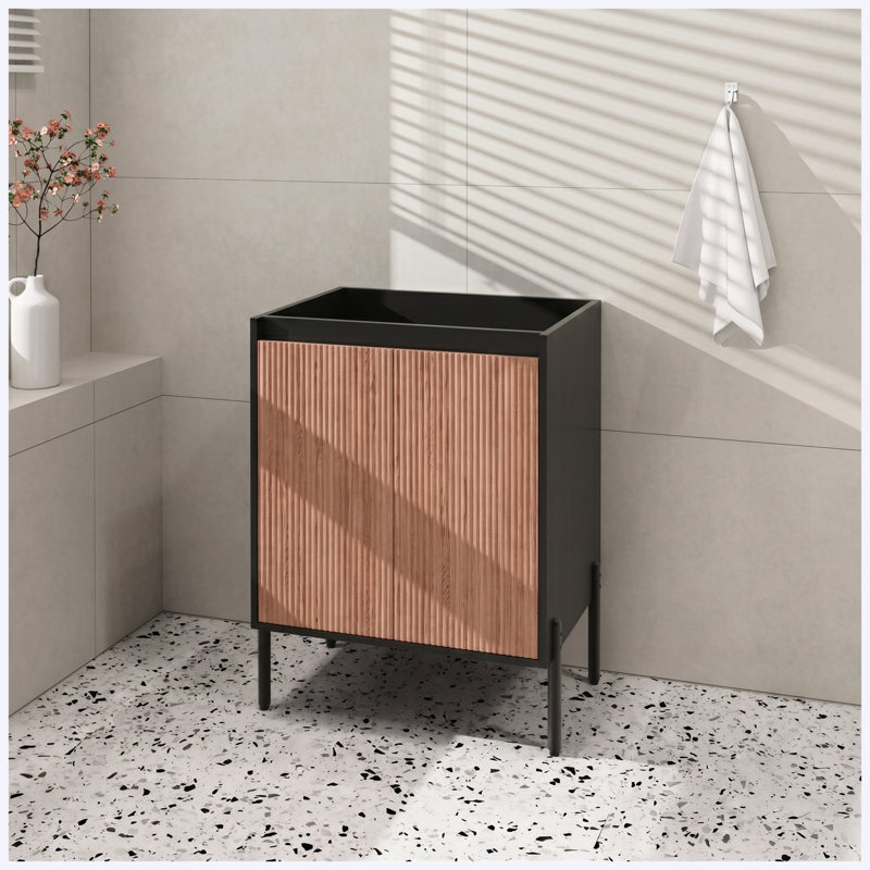 Meuble sous-vasque de salle de bain moderne de 24 po seulement, autoportant ou mural, portes doubles à fermeture douce et étagère réglable, pieds en aluminium, noyer et noir (sans lavabo)