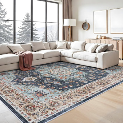 Washable Oriental Area Rug - Rugs for Living Room Soft Carpet for Bedroom Waterproof Floral Distressed Indoor Stain Resistant Non-Shedding Floor Carpets (Blue/Teal/Orange)